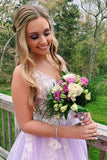 Lilac Tulle A Line V Neck White Lace Appliques Long Prom Dresses, PL469 | long prom dress | modest prom dress | sexy prom dress | promnova.com