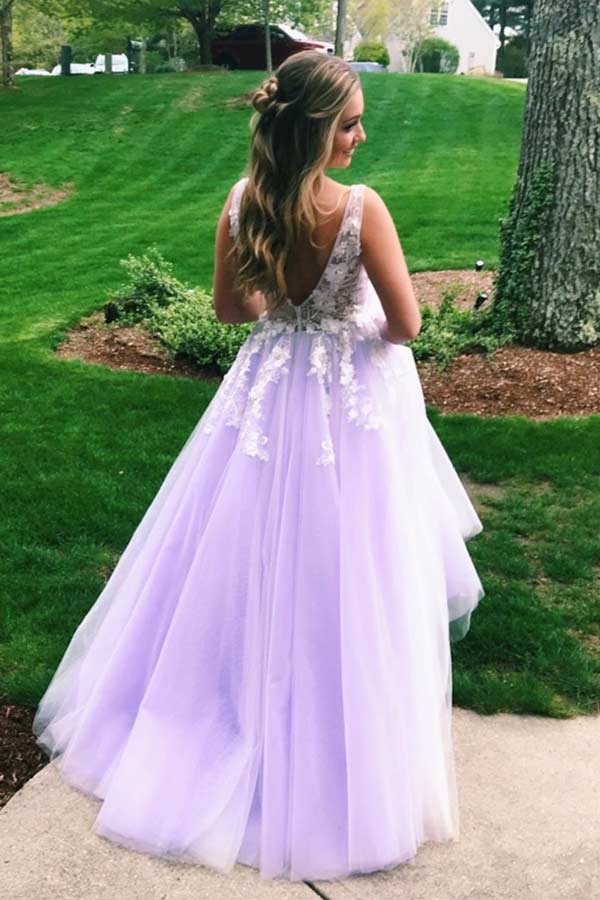 Lilac Tulle A Line V Neck Lace Appliques Prom Dresses PL469 Lilac Tulle A Line V Neck Lace Appliques Prom Dresses PL469