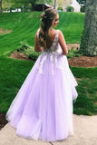 Lilac Tulle A Line V Neck White Lace Appliques Long Prom Dresses, PL469 | cheap prom dresses | tulle prom dresses | evening gown | promnova.com