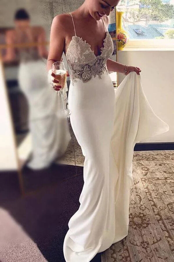 Mermaid Lace Top Spaghetti Straps Beach Wedding Dress PW344 | Promnova US10 / As Picture Mermaid Lace Top Spaghetti Straps Beach Wedding Dress PW344 | Promnova US10 / As Picture