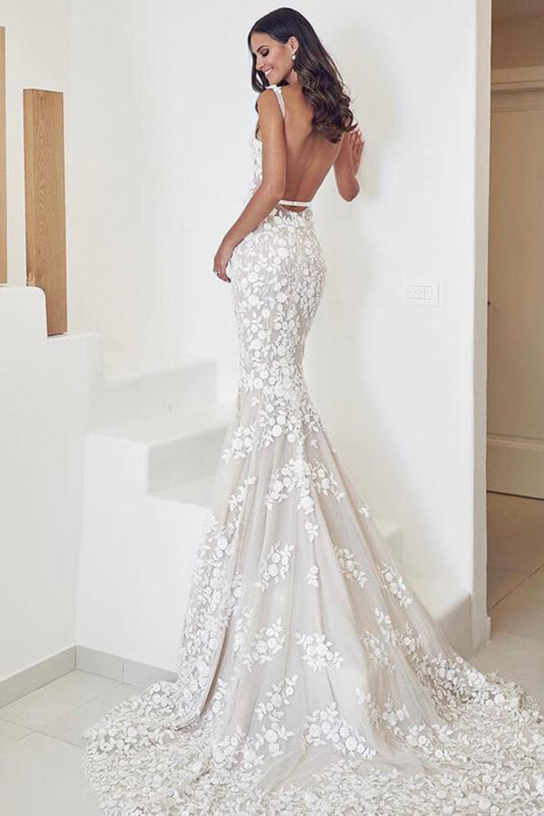 Mermaid Open Back Lace Appliqued Wedding Dresses PW279 | Promnova