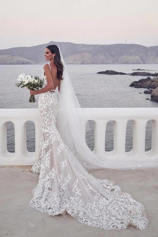 Straps Mermaid Wedding Dresses Lace Appliqued Bridal Gowns US4 / White Straps Mermaid Wedding Dresses Lace Appliqued Bridal Gowns US4 / White