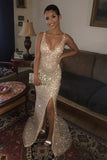 Mermaid Sequins V Neck Prom Dresses With Side Slit, Evening Dresses, PL490 | cheap long prom dresses | evening gown | party dress | promnova.com