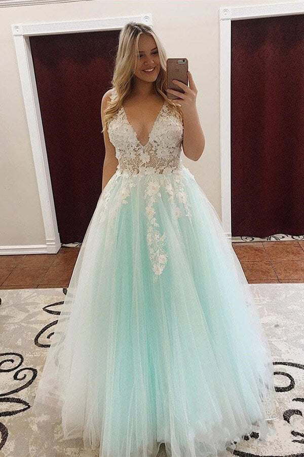 Mint Green Tulle A Line V Neck Prom Dresses with Lace, Evening Dress PL409 | party dresses | evening dresses | formal dresses | lace prom dresses | green prom dresses | www.promnova.com