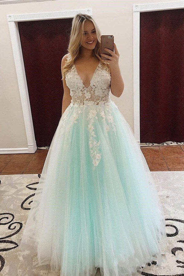 Mint Green Tulle A Line V Neck Prom Dresses with Lace PL409 | Promnova US16W / Mint Green Mint Green Tulle A Line V Neck Prom Dresses with Lace PL409 | Promnova US16W / Mint Green