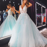 Mint Green Tulle A Line V Neck Prom Dresses with Lace, Evening Dress PL409 | lace prom dresses | party dresses |cheap prom dresses | lace prom dresses | evening gowns | www.promnova.com