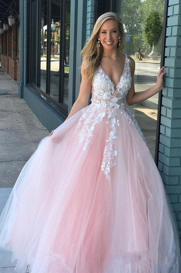Mint Green Tulle A Line V Neck Prom Dresses with Lace, Evening Dress PL409 | blush prom dresses | long prom dresses | lace prom dresses | www.promnova.com