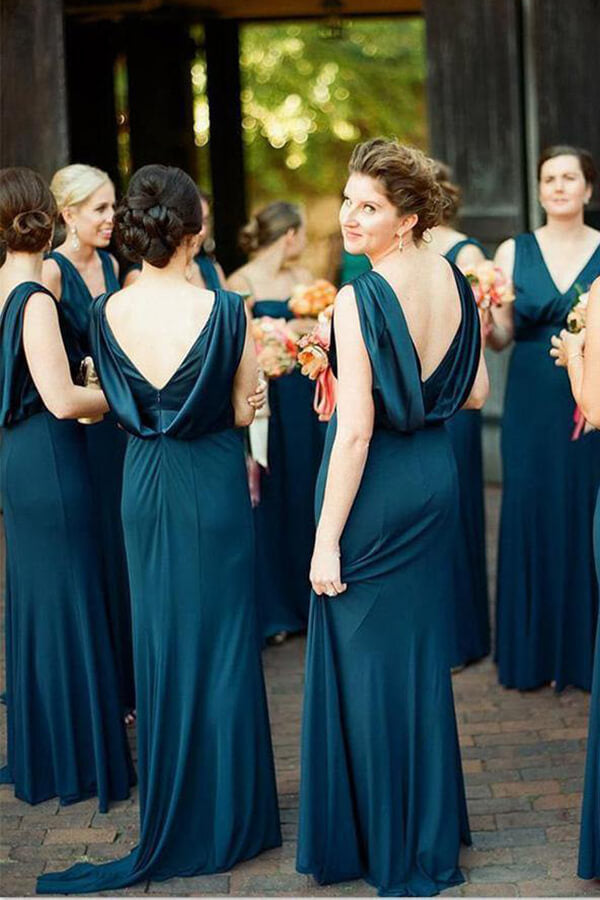Navy Blue A Line V Neck Cheap Long Bridesmaid Dresses With Sweep Train, PB137 | junior bridesmaid dresses | short party dresses | short prom dress | promnova.com