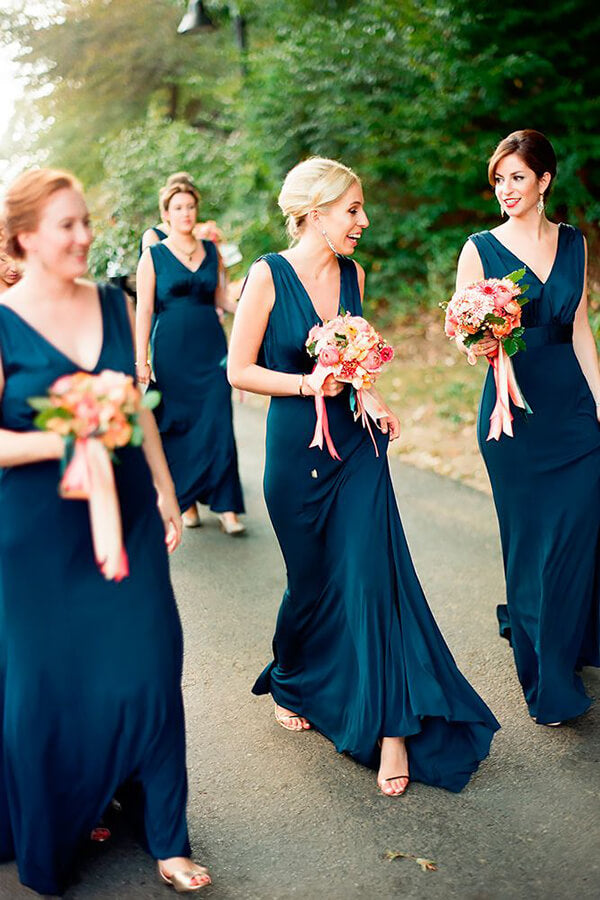 Navy Blue A Line V Neck Long Bridesmaid Dresses PB137 | promnova.com US14 / Custom Color Navy Blue A Line V Neck Long Bridesmaid Dresses PB137 | promnova.com US14 / Custom Color