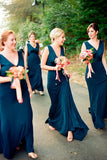 Navy Blue A Line V Neck Cheap Long Bridesmaid Dresses With Sweep Train, PB137