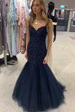 Navy Blue Tulle Mermaid Lace Appliques Prom Dresses, Long Formal Dress, PL520