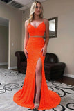 Orange Sequins Mermaid Two Pieces Long Prom Dresses, Evening Gowns, PL485