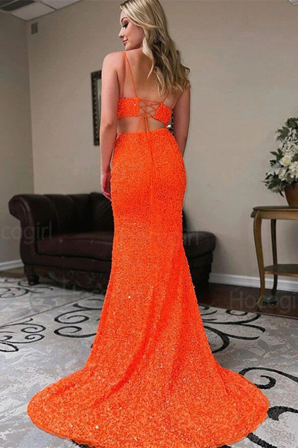 Orange Sequins Mermaid Two Pieces Long Prom Dresses, Evening Gowns, PL485 | mermaid prom dresses | two pieces prom dresses | sequins prom dresses | promnova.com