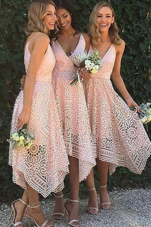 Pink Lace Bridesmaid Dress,A-Line Spaghetti Straps Bridesmaid Dress, PB101
