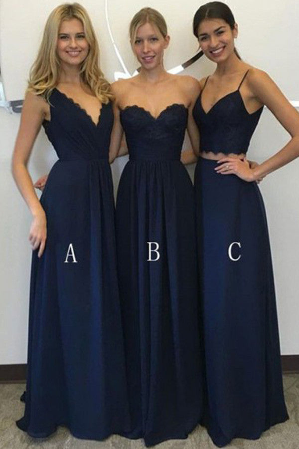 Navy Blue Chiffon A-Line Deep V-Neck Floor-Length Bridesmaid Dress, PB102