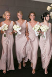 Pink Satin Deep V-Neck Sheath Floor-Length Bridesmaid Dress, PB104