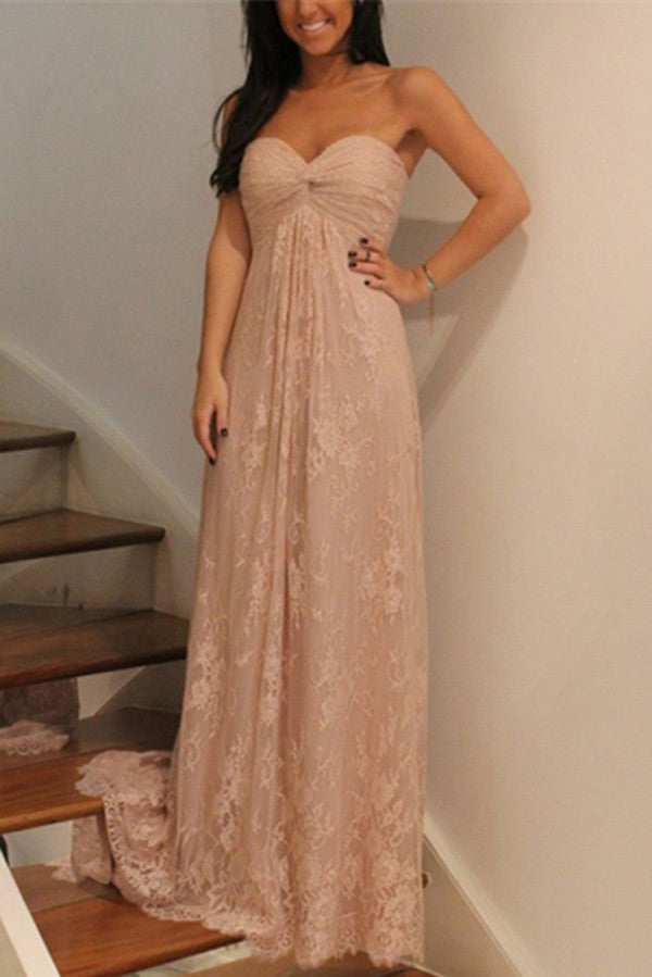 Pink A Line Sweetheart Long Lace Bridesmaid Dresses,Floor Length Prom Dress, PB105