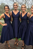 Classic Simple Short A-line Navy Blue High Low Bridesmaid Dress, PB108