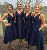 Classic Simple Short A-line Navy Blue High Low Bridesmaid Dress, PB108