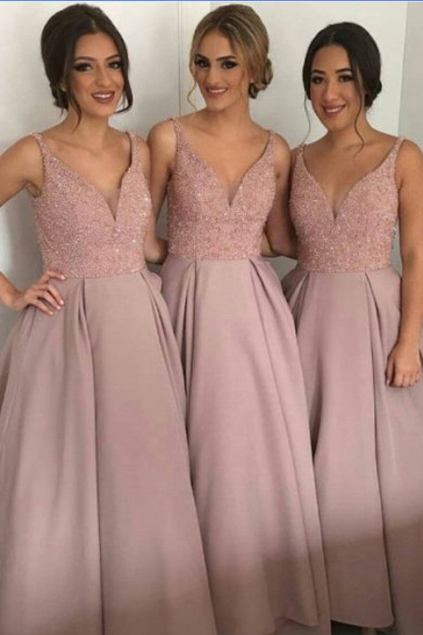  A-line V-neck Dusty Rose Pterry Long Bridesmaid dress, PB111
