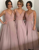 A-line V-neck Dusty Rose Pterry Long Bridesmaid dress, PB111