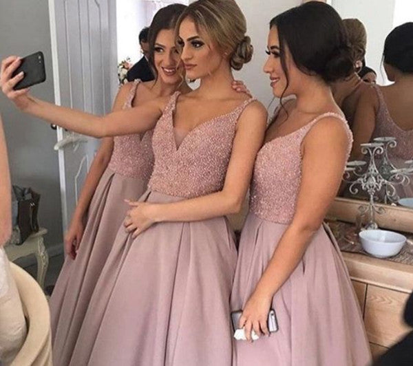 A-line V-neck Dusty Rose Pterry Long Bridesmaid dress, PB111