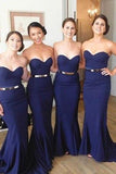 Navy Sweetheart Neck Mermaid Bridesmaid Dresses with Train PB119