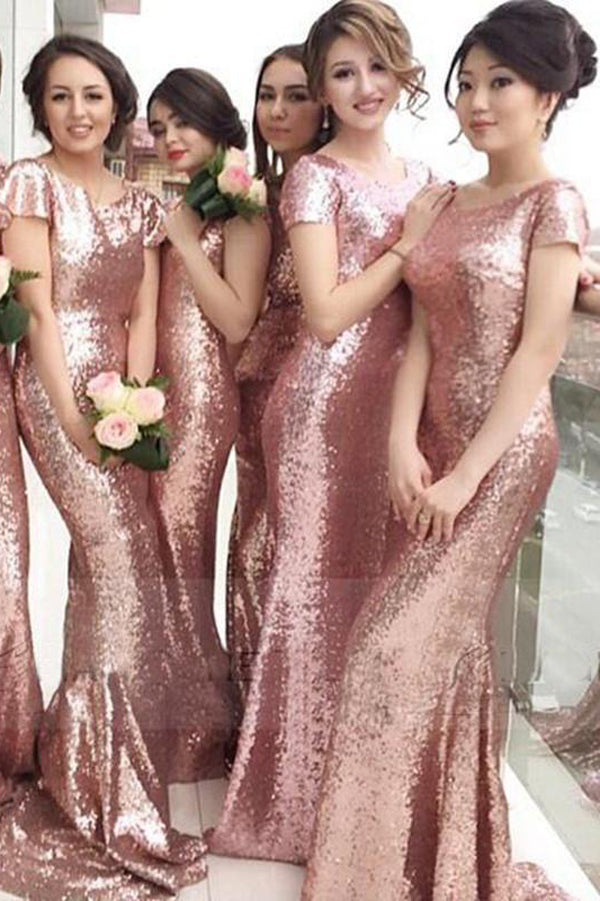 Mermaid Sequins Bridesmaid Dresses,Short Sleeves Wedding Party Dresses PB120