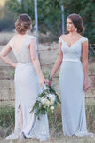 Silver Lace Appliqued V-neck Mermaid Cap Sleeves Bridesmaid Dresses PB121