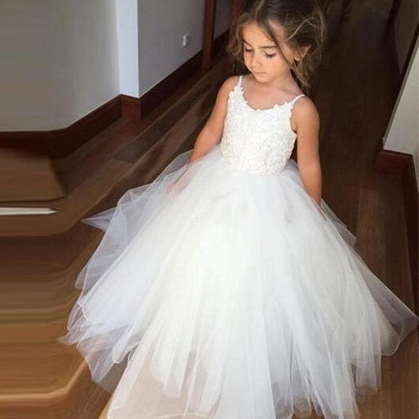 White Tulle Hot Sale Spaghetti Lace Top Flower Girl Dresses For Wedding Party, PF102