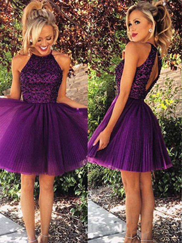 Sexy Open Back Homecoming Dress, Purple Halter Beaded Short prom dresses, PH101