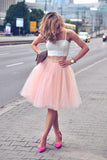 Two Piece Pink Tulle Spaghetti Strap Sleeveless Short Prom Dress, PH102