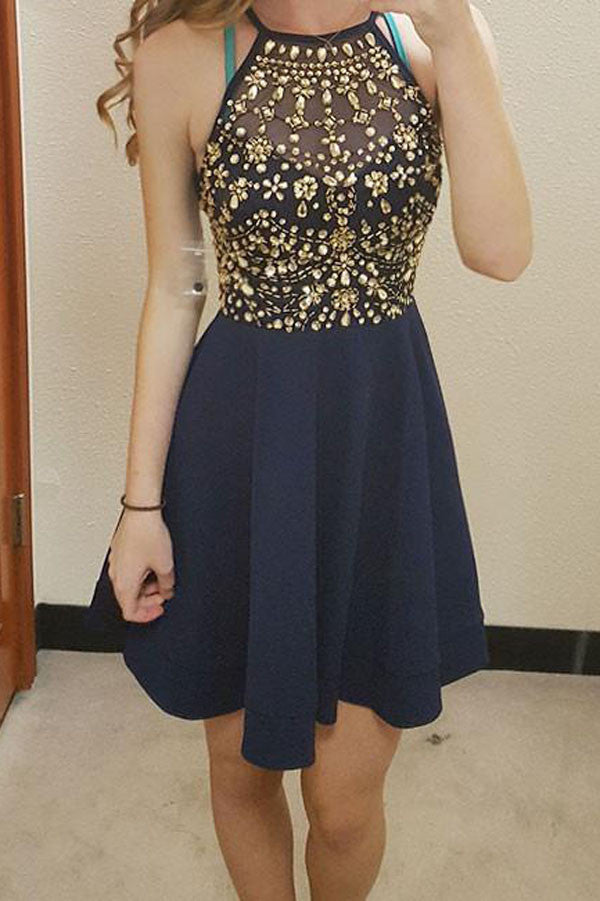 Cheap Round Neck Homecoming Dress, Cute Rhinestones Short Prom Dress –  Promnova
