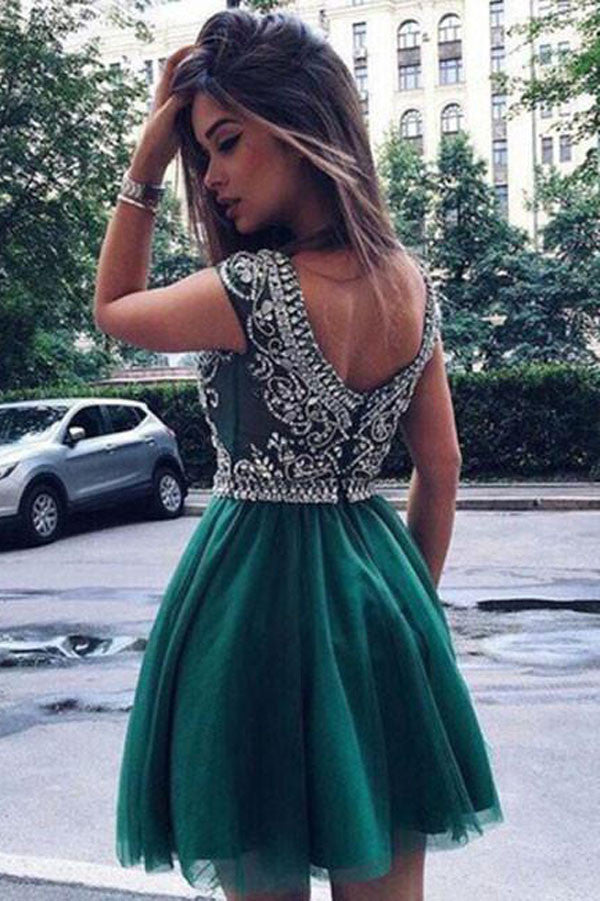 Green Homecoming Dress, Green A -line Round Neck Tulle Short Prom Dress, PH105