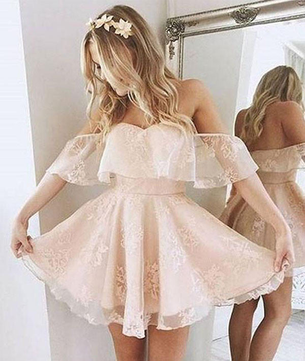 Cute Pink Off Shoulder Lace Short Homecoming Dresses PH394 | Promnova US2 / As Picture