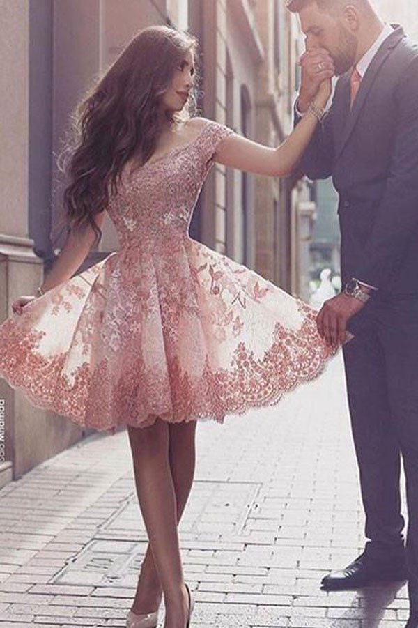 Gorgeous Homecoming Dresses, Pink Lace Off Shoulder Short Prom Dress,  PH110
