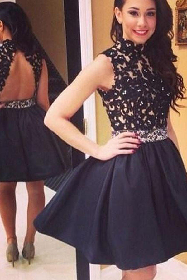 Black Homecoming Dress Short, High Neck Backless Short Prom Dresses