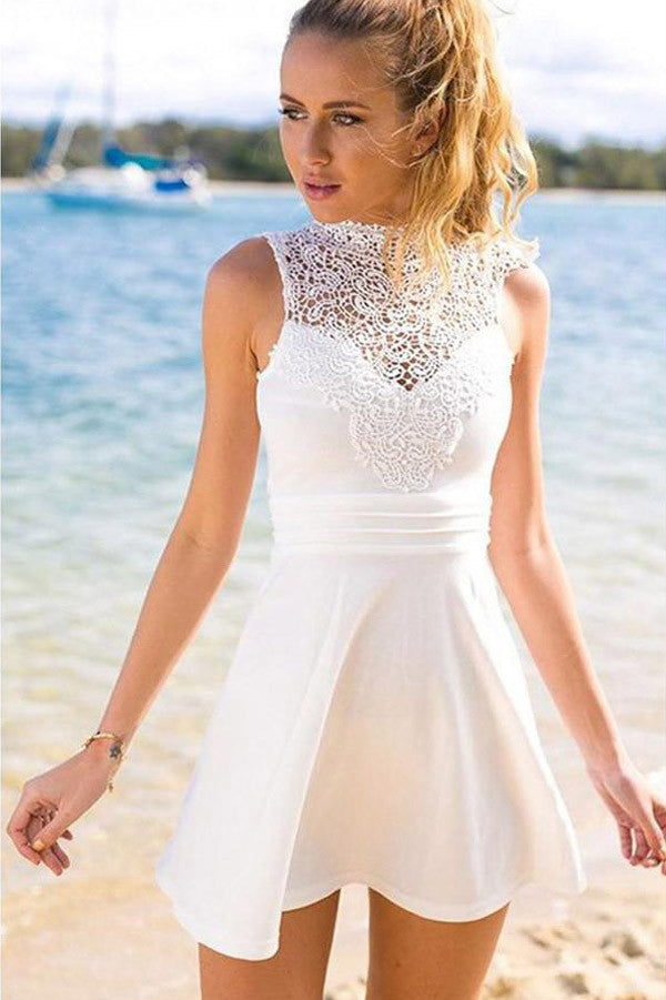 White Open Back Short Stretch Prom Dress,Lace Satin Homecoming Dress –  Promnova