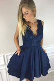 Dark Blue Satin A-Line V-Neck Short Homecoming Dress with Lace Beading, PH113