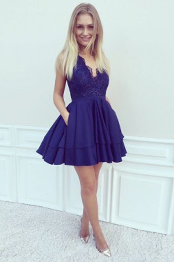Blue Satin A-Line V-Neck Short Homecoming Dresses with Lace Beading Promnova Blue Satin A-Line V-Neck Short Homecoming Dresses with Lace Beading Promnova