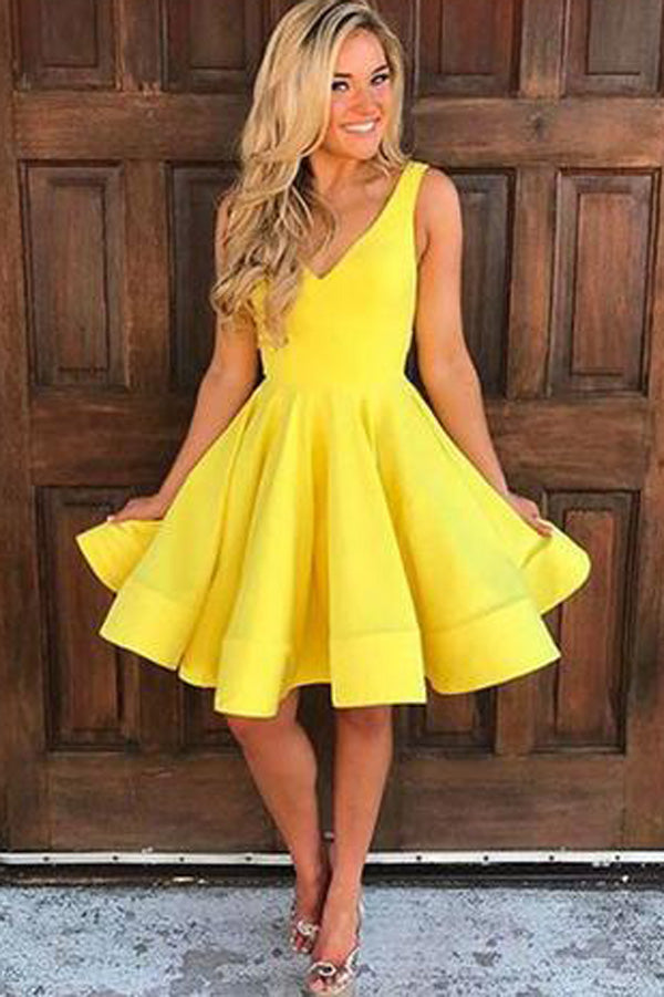 A Line V Neck Yellow Sleeveless Homecoming Dresses,Short Prom Dresses, PH116