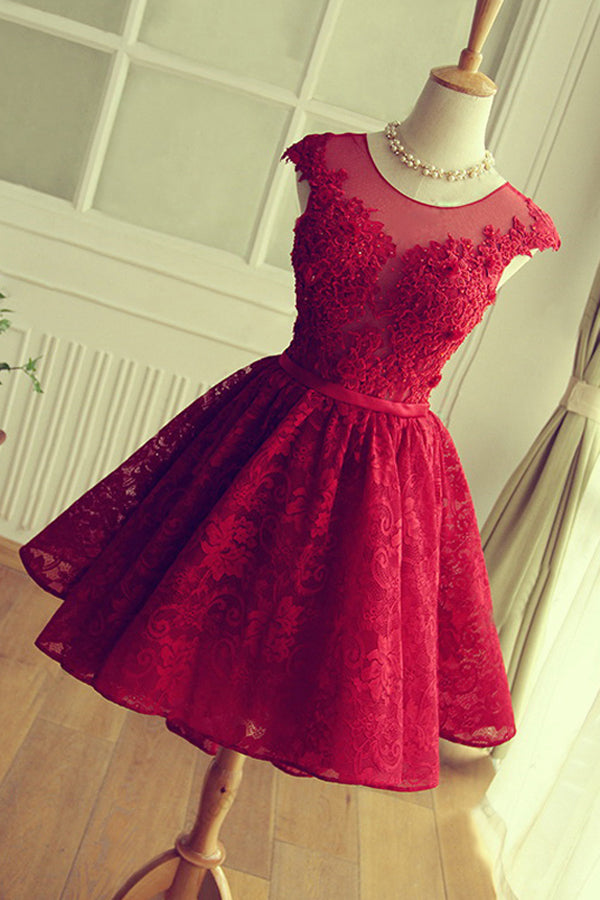Red Lace Cheap A-line Scoop Homecoming Dresses Short Prom Dresses – Promnova