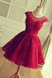 Luxurious Red Lace Cheap A-line Scoop Short Homecoming Dresses,PH118