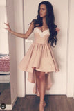 Pink A-Line Sweetheart High Low Satin Homecoming Dress with Appliques,PH120