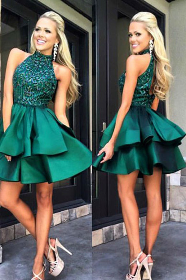 Green Halter Open Back Homecoming Dresses with Beading,Short Prom Dresses, PH121
