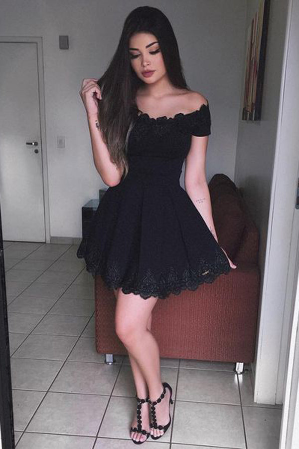 Black Sexy A-Line Off Shoulder Short Homecoming Dress With Appliques,PH122