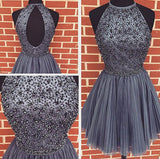 Gray Tulle High Neck A-line Halter Beaded Bodice Homecoming Dresses,PH125