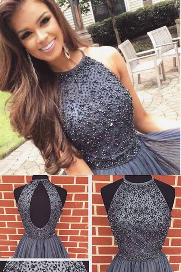 Gray Tulle High Neck A-line Halter Beaded Bodice Homecoming Dresses US14 / Custom Color Gray Tulle High Neck A-line Halter Beaded Bodice Homecoming Dresses US14 / Custom Color