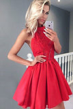 Red Satin A-Line Halter Open Back Short Homecoming Dress with Lace,PH126
