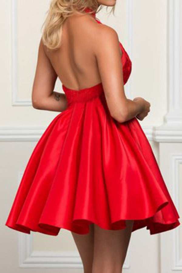 Red Satin A-Line Halter Open Back Short Homecoming Dress with Lace,PH126